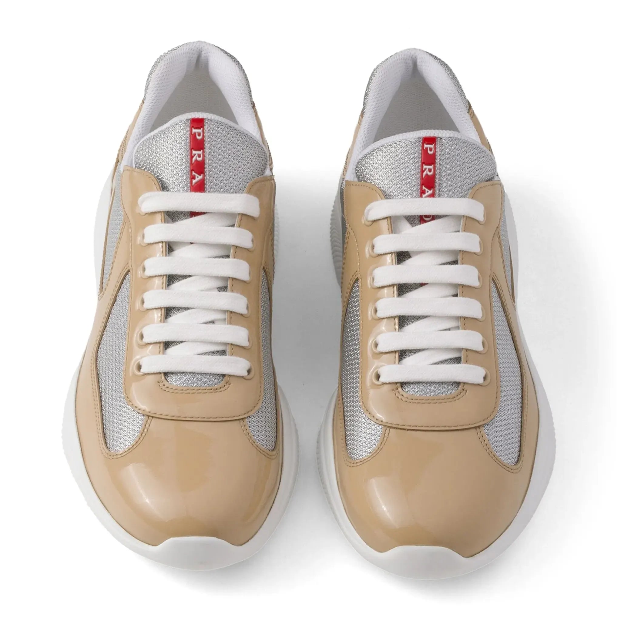 Upper Side View of Prada Americas Cup Logo Patch Patent Beige Sneaker 4E3400_F_G000_ASZ_F0G0R